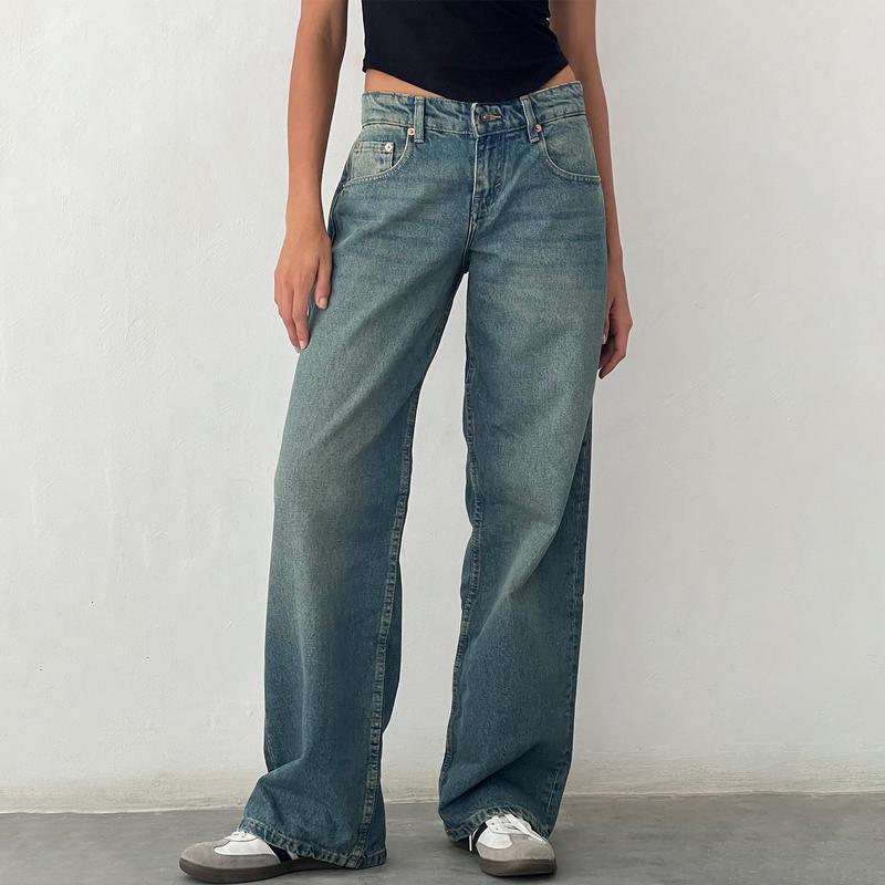 Women Y2k Low Rise Baggy Jeans Loose Fit Boyfriend Straight Wide Leg Jeans Trendy Stretch Long Denim Pants